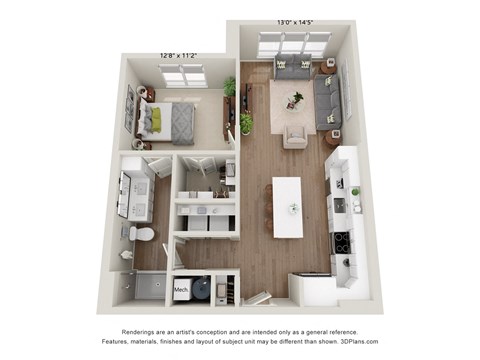 Floor plan for 1 bed, 1 bath, 795 sqft